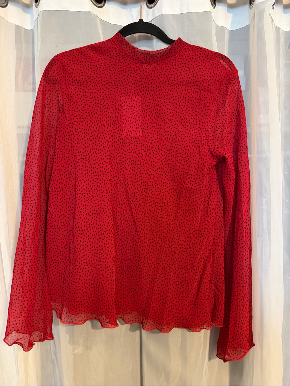 Mango Red Sheer Mock Neck Blouse with Black Dot Print